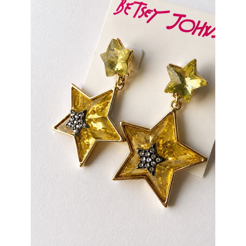 Betsey Johnson Celestial Punk Star Drop Earrings Yellow Crystal NWT - Picture 3 of 5
